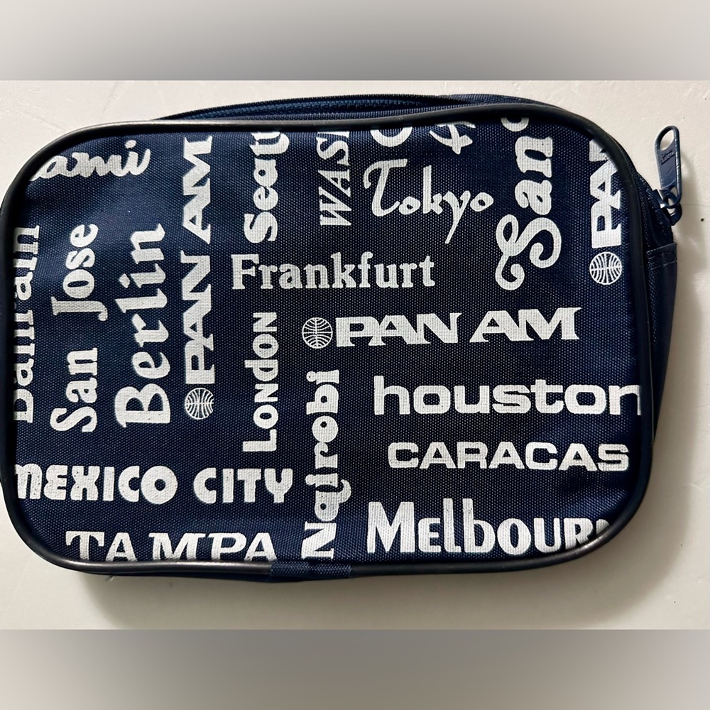 RARE NOS Vintage 80s Pan Am Airlines 1980s Blue Amenity Bag Travel Cities 9x6x2” - Picture 7 of 15